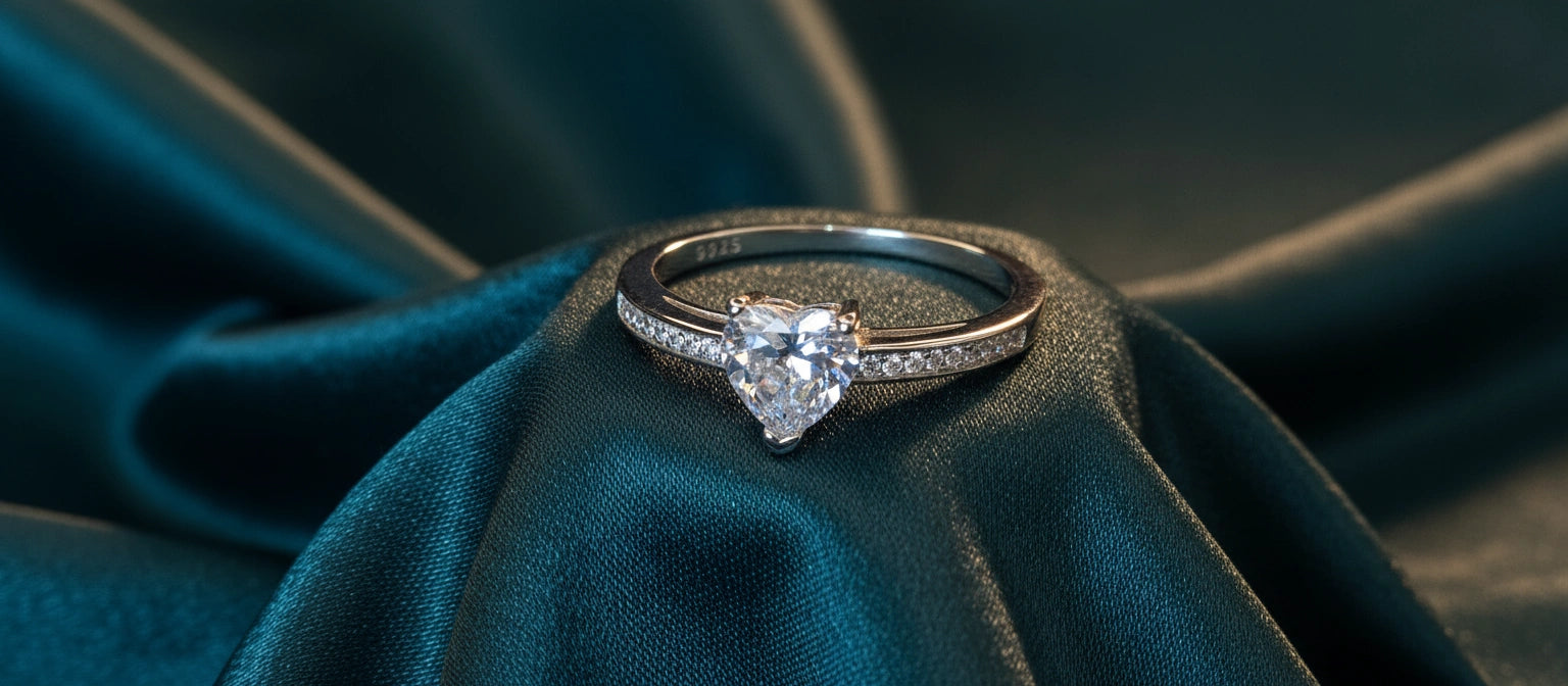 The Amore Heart Ring by Narayan Jewellers, a 925 silver promise ring with a heart-shaped solitaire and pavé band, on a rich teal satin cloth.
