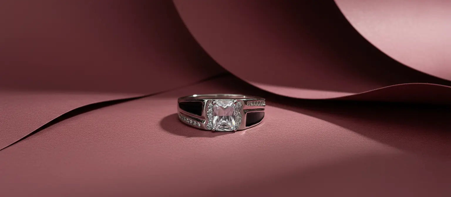 Close-up of the emerald-cut cubic zirconia and pavé halo on the Imperial Solitaire Ring