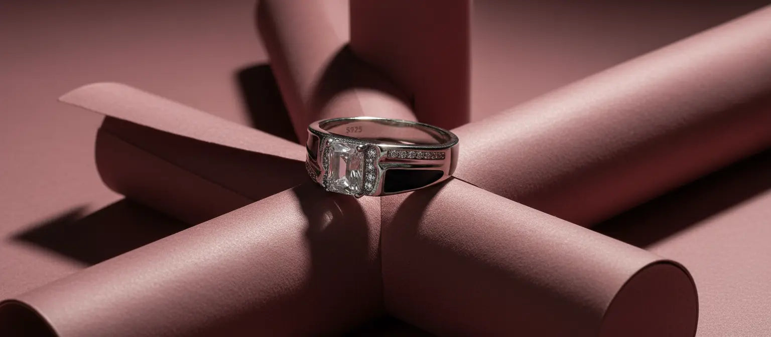 Side view of the Imperial Solitaire Ring showing the black enamel inlay and channel-set stones on the band
