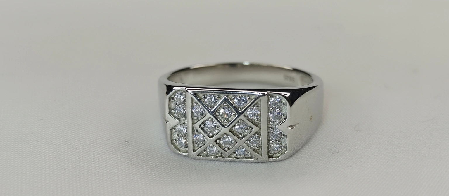 The Matrix Pavé Ring by Narayan Jewellers, a 925 sterling silver statement ring with a full geometric grid of pavé stones, on a white background.