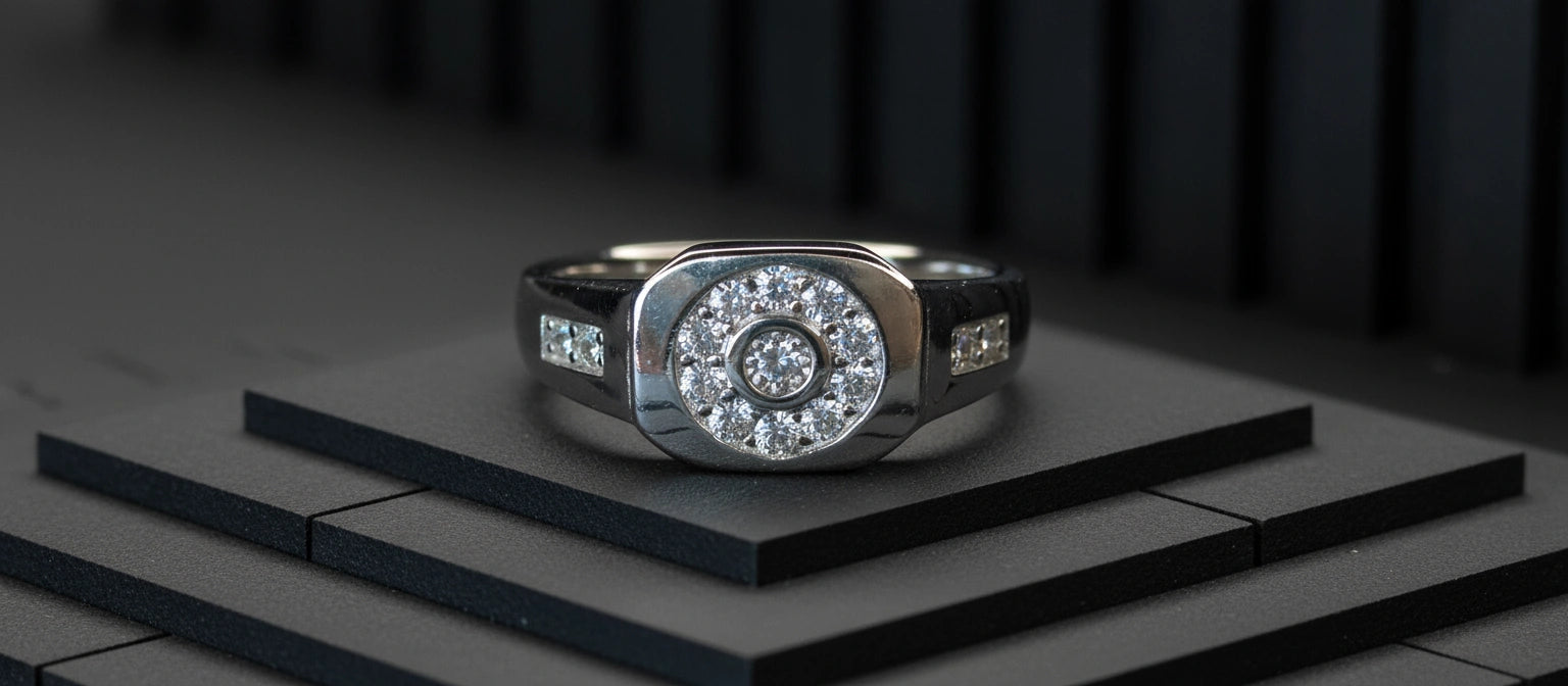 The Orion Cluster Ring by Narayan Jewellers, a 925 sterling silver ring with a round halo stone cluster, on a dark, multi-layered architectural background.