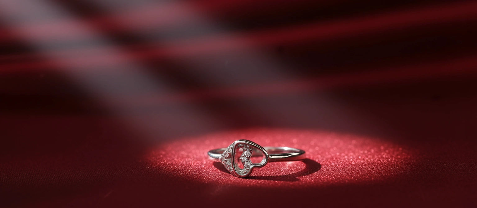 The Sweetheart Curve Ring by Narayan Jewellers, a delicate 925 silver open-heart ring with pavé details, on a rich red satin background.