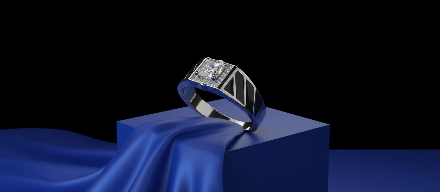 The Zenith Stripe Ring by Narayan Jewellers, a 925 silver ring with a halo solitaire and diagonal black enamel stripes, resting on a blue pedestal and satin.